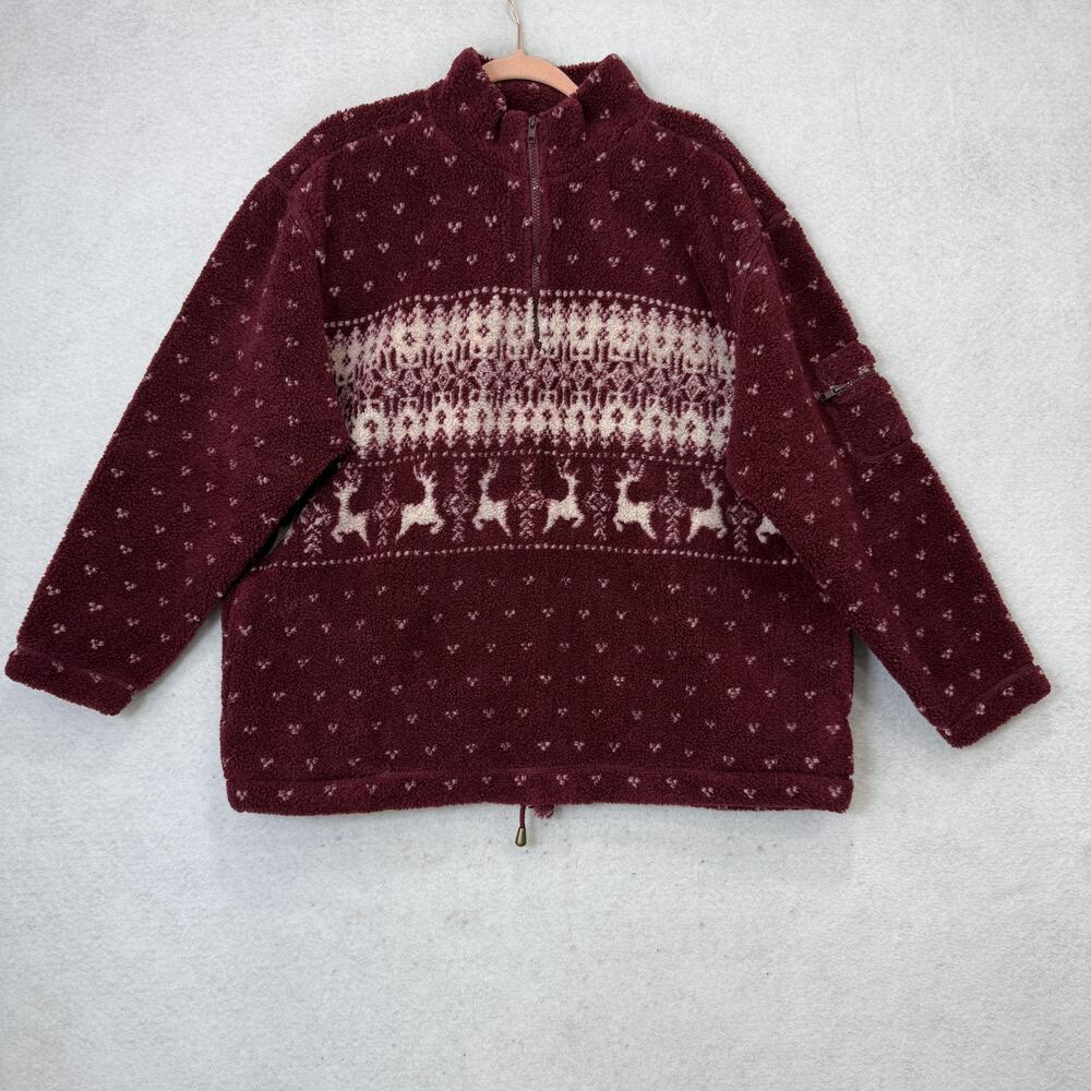 Cherokee Jacket Womens L/XL Red Fleece 1/4 Zip Reindeer Fair Isle cabin